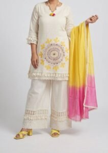 ivory embroidered kurta set with ombre dupatta