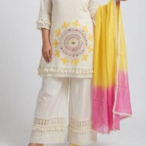 ivory embroidered kurta set with ombre dupatta