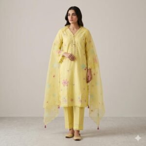 pastel yellow embroidered kurta set with dupatta c1d58